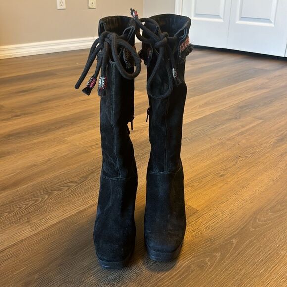 Diane Von Furstenberg Jimson Tall 4" Wedge Boots Suede Boho Tribal Fringe Sz 7 M - Picture 5 of 14
